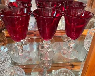 Ruby Red bubble glass goblets with clear stems,