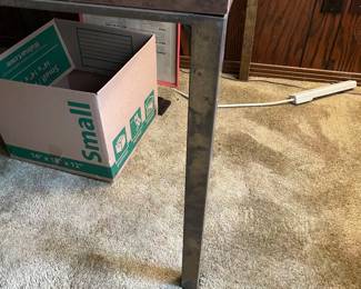 Mid century Burl veneer parsons-style table with metal legs