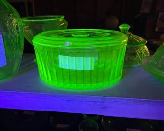 Two 8 foot tables with green (uranium) glass, and yellow glass - different patterns