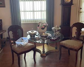 Pair of beautiful Victorian side chairs, California regency-style glass top coffee table