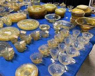 Two 8 foot tables with green (uranium) glass, and yellow glass - different patterns