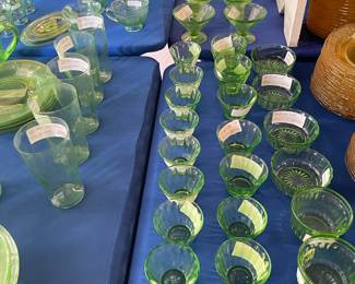 Two 8 foot tables with green (uranium) glass, and yellow glass - different patterns