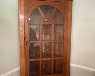 $1,500 primitive style antique corner cupboard with beveled glass panels. 36”w,16”d,8’t