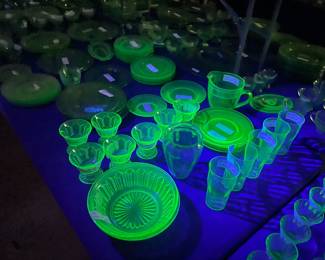 Two 8 foot tables with green (uranium) glass, and yellow glass - different patterns