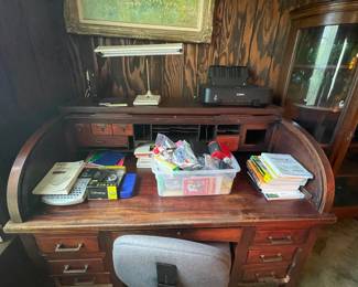 $1,200. (#1) mahogany roll top desk.   Very  complete and very nice size 54”w,34d,41.5”t 