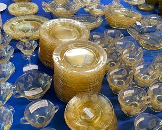 Two 8 foot Two 8’ tables with green (uranium) glass, and yellow glass - different patterns