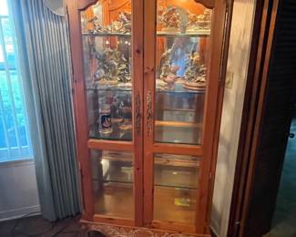 $600 Ethan Allen lighted French $1,500 primitive style antique corner cupboard with beveled glass panels. 36”w,16”d,8’t style  display cabinet 40”w,17.5”d,81.5t
