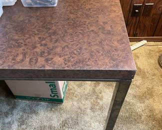 Mid century Burl veneer parsons-style table with metal legs