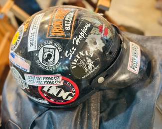 Motorcycle helmet with vintage stickers 