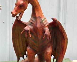 28" Tall hand, crafted dragon with molded leather freestanding