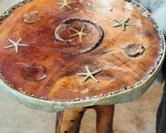 Handmade Liv, Edgewood Table with resin top decorated with nautical elements