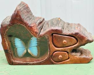 Live edge trinket display redwood box with Blue Morpho Butterfly 