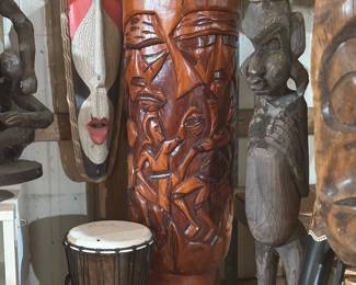 Tiki masks, Djembe drums, Miao head 