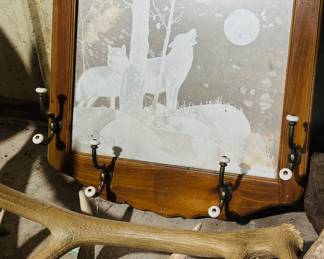 Oak hall tree mirror etched wolf scene 