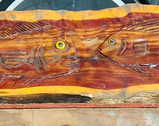 8' wood slab fish carving 