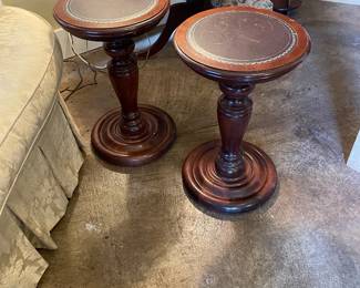 Pair of heavy, vintage side table with leather inserts