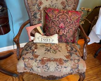 Antique open arm chair with needlepoint seat 