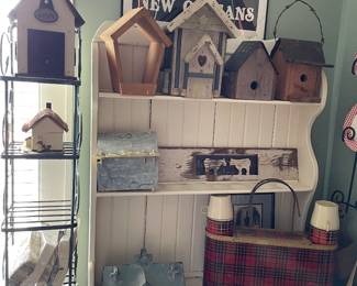 Bird houses galore and vintage painted cabinet/dry sink