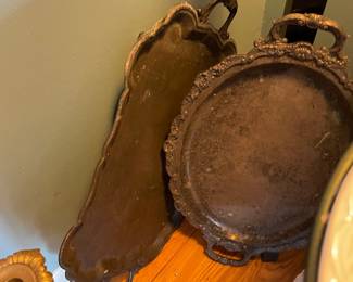 At least 10 heavy, good quality silver plate serving trays, reticulated, footed, with handles, round, square.    Unpolished and priced accordingly 