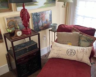 Upholstered red chaise - great vintage Asian side table