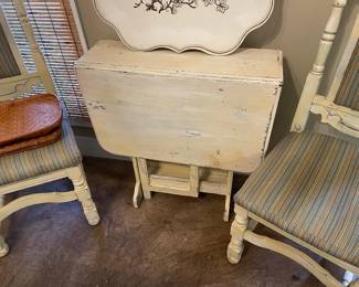 Gate leg drop leaf table, two vintage chairs