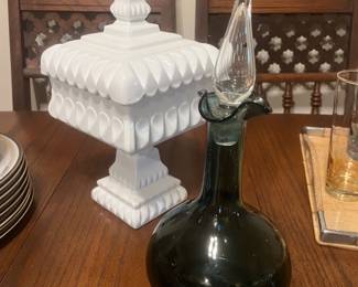 MCM decanter, milk glass wedding bowl