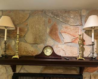 Brass candlesticks, lamps