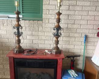 Vintage lamps, fireplace heater