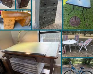 Furniture including end tables, oak desk, drafting table, patio tables, bike