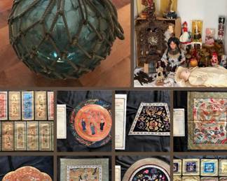 Antique Japanese glass buoy and hand stitched silks. Cultural dolls and cuckoo clock