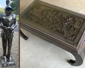 Suit of armor. Hand carved Japanese coffee table.