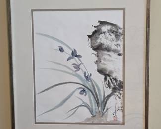 Chinese Ink Painting of Irises and Rock