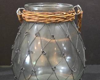 Woven Wire and Wicker Glass Jar with Handles