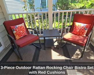 Piece Outdoor Rattan Rocking Chair Bistro Set with Red Cushions