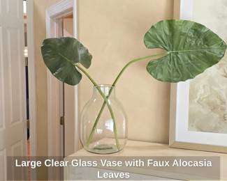 Large Clear Glass Vase with Faux Alocasia Leaves
