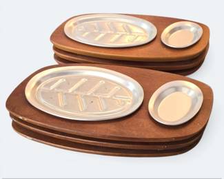 Set of Vintage Aluminum Steak Serving Platters with Wood Bases