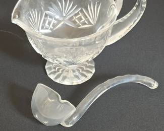Vintage Cut Crystal Gravy Boat and Ladle Set with Starburst and Fan Cuts