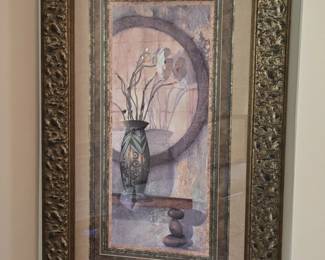 Framed Floral Still Life with Vase and Stones