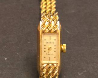 Geneve 14k Gold Womens Rectangular Quartz Watch with Braided Bracelet