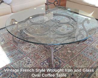 Vintage French Style Wrought Iron and Glass Oval Coffee Table