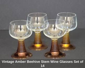 Vintage Amber Beehive Stem Wine Glasses Set of