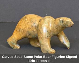 Carved Soap Stone Polar Bear Figurine Signed Eric Tetpon III
