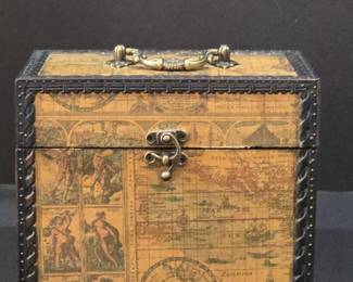 Vintage World Map Decorative Treasure Chest Box with Faux Rivets and Brass Clasp