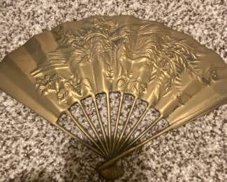 Vintage Solid Brass Oriental Style Hand Fan with Phoenix and Dragon Motif