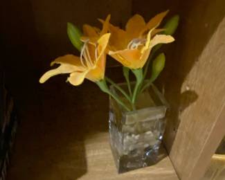 Artificial Orange Lily Arrangement in Textured Glass Vase