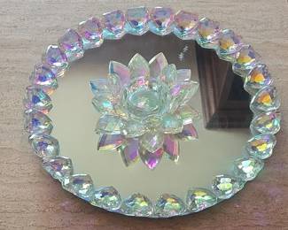 Iridescent Crystal Lotus Flower Candle Holder and Mirror Vanity Tray