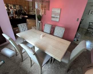 Travertine Dining Table with Upholstered Chairs second image