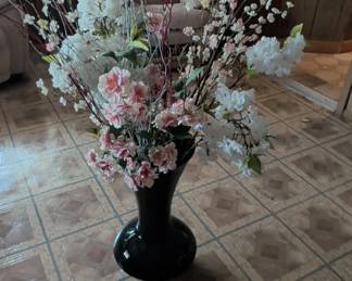 Pink and White Cherry Blossom Arrangement in Black Hourglass Vase