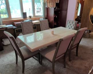 Travertine Dining Table with Upholstered Chairs