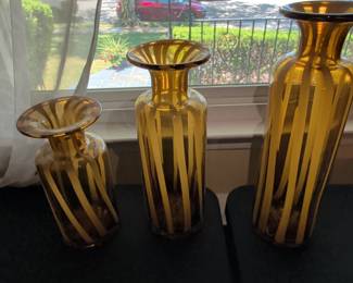 Amber and White Striped Blown Glass Vase Set second image